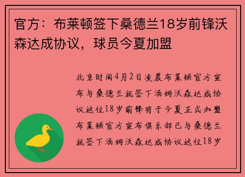 官方：布莱顿签下桑德兰18岁前锋沃森达成协议，球员今夏加盟